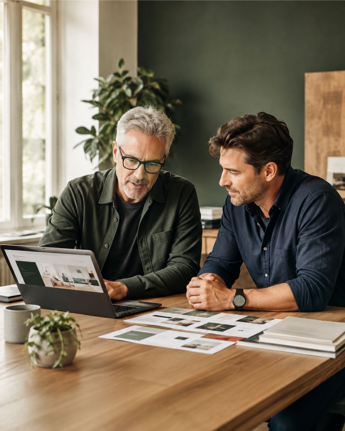 Two people reviewing a marketing plan together